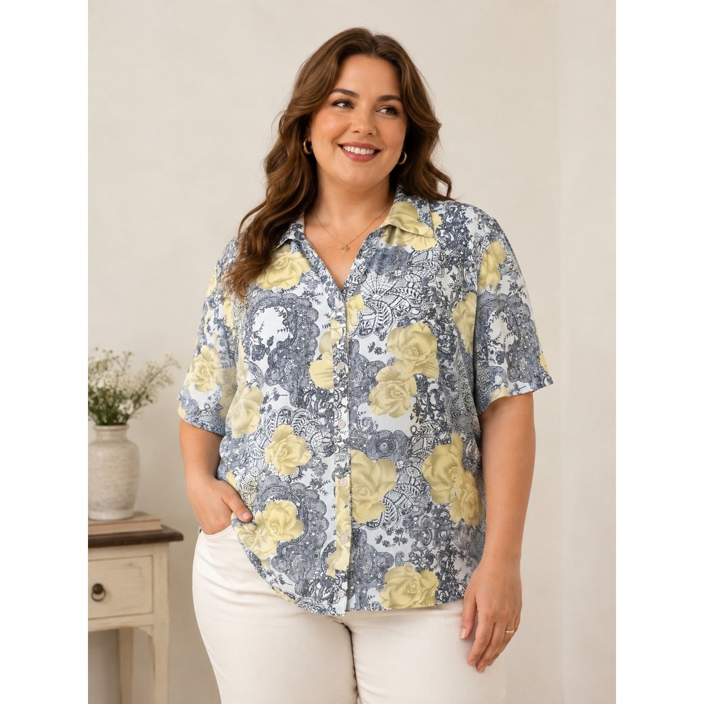 522. Style & Co Woman Yellow Rose Blue Lace Print Button Down Blouse 22W